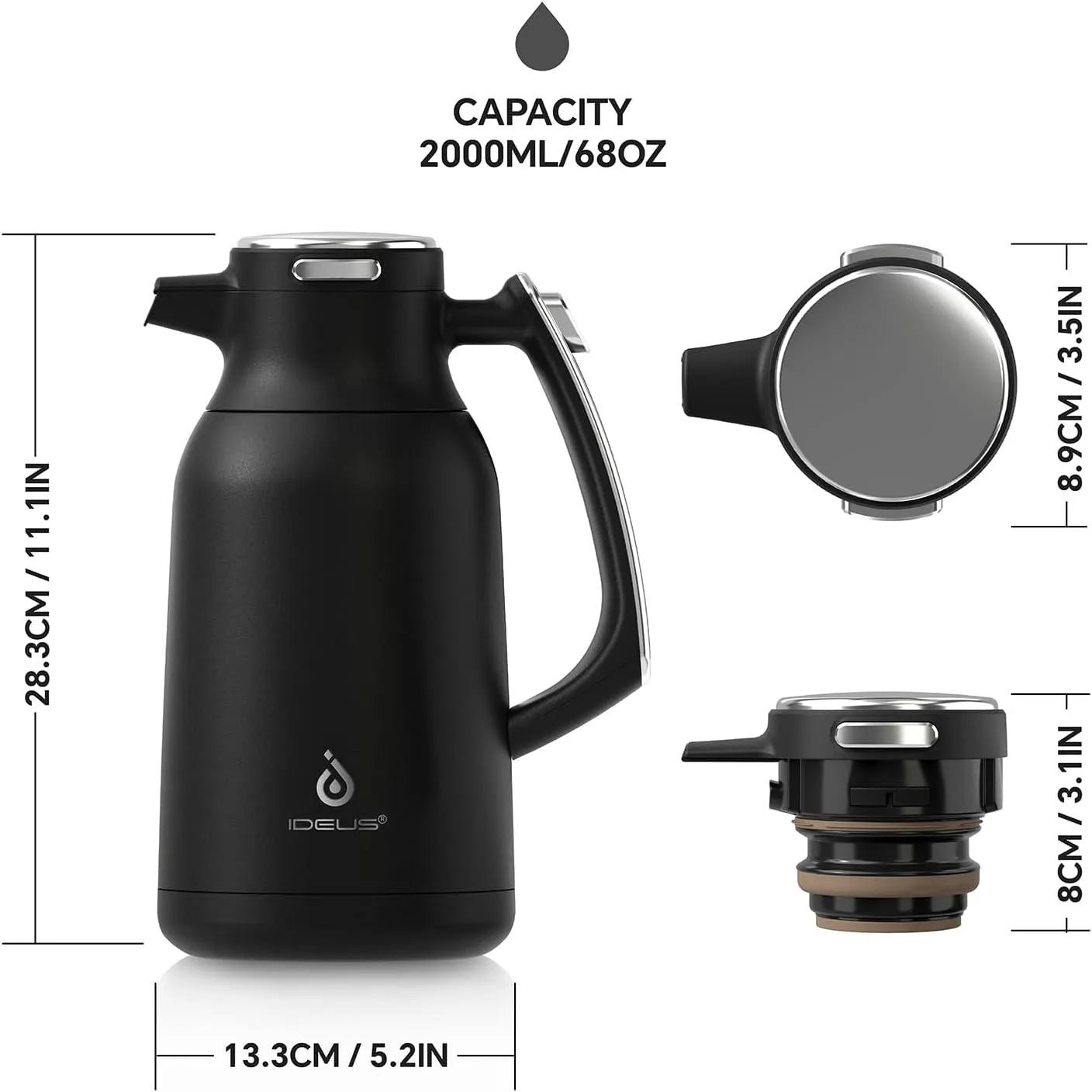 IDEUS 68 oz Stainless Steel Thermal Coffee Carafe, Double Wall Insulated Vacuum Flask, Water Coffee and Beverage Dispenser, 12 Hour Heat 24 Hour Cold Retention (Black)