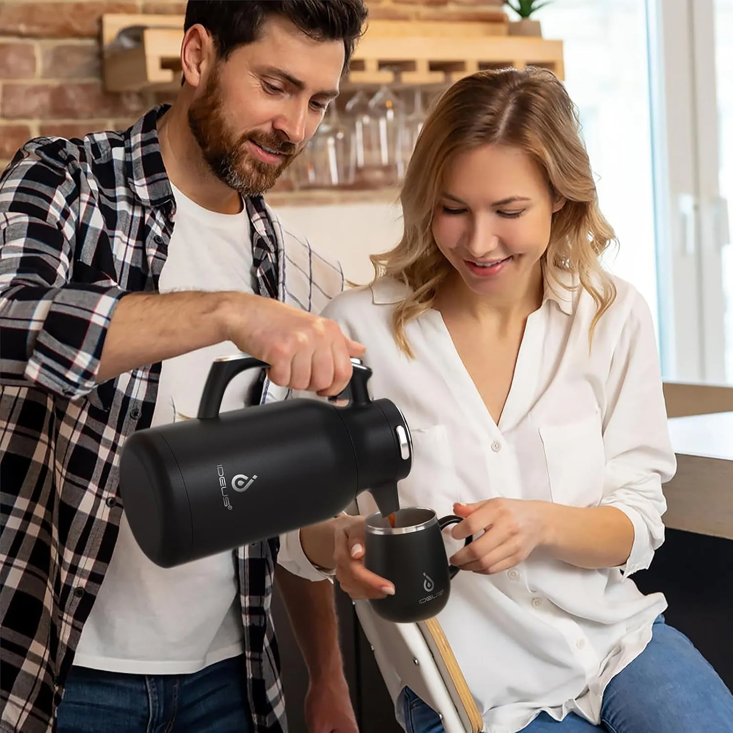 IDEUS 68 oz Stainless Steel Thermal Coffee Carafe, Double Wall Insulated Vacuum Flask, Water Coffee and Beverage Dispenser, 12 Hour Heat 24 Hour Cold Retention (Black)