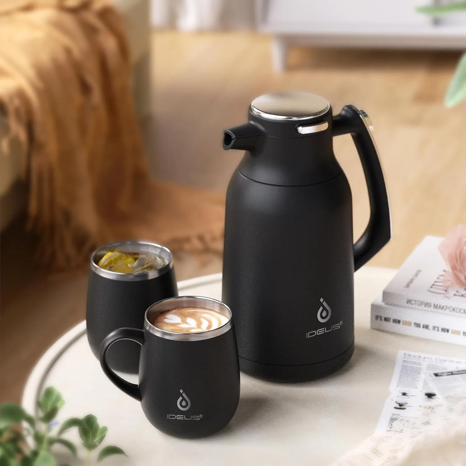 IDEUS 68 oz Stainless Steel Thermal Coffee Carafe, Double Wall Insulated Vacuum Flask, Water Coffee and Beverage Dispenser, 12 Hour Heat 24 Hour Cold Retention (Black)
