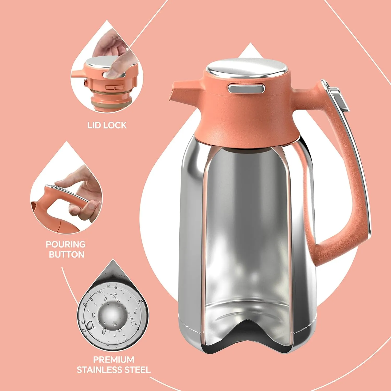 IDEUS 68 oz Stainless Steel Thermal Coffee Carafe, Double Wall Insulated Vacuum Flask, Water Coffee and Beverage Dispenser, 12 Hour Heat 24 Hour Cold Retention, Coral Red