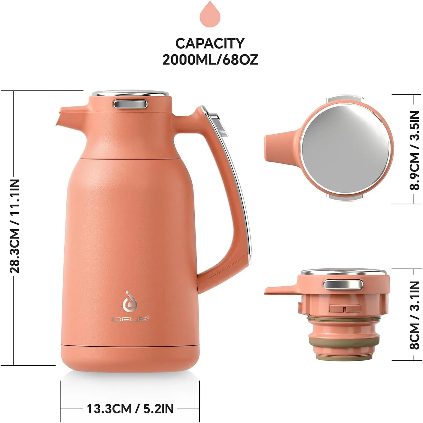 IDEUS 68 oz Stainless Steel Thermal Coffee Carafe, Double Wall Insulated Vacuum Flask, Water Coffee and Beverage Dispenser, 12 Hour Heat 24 Hour Cold Retention, Coral Red