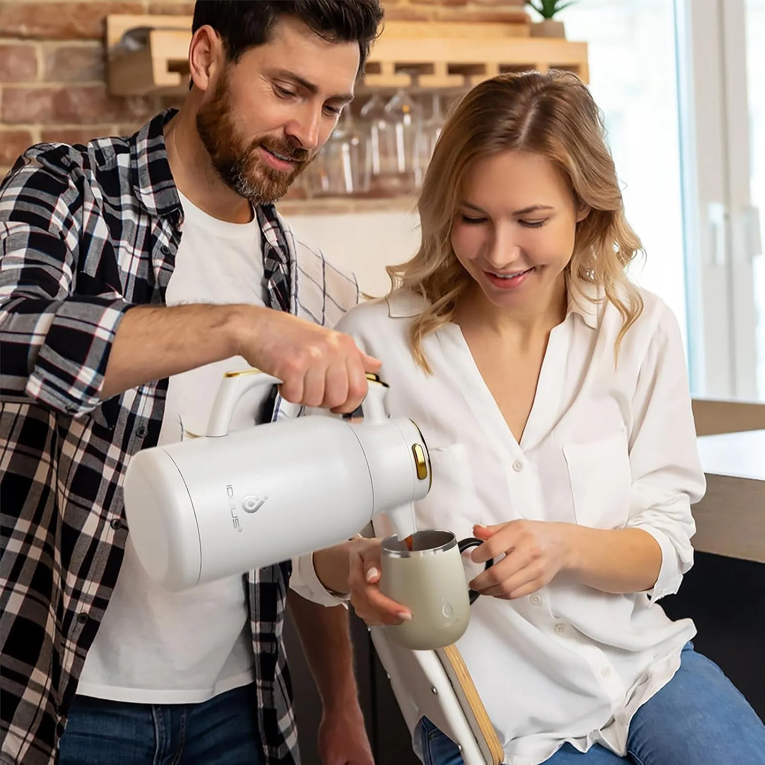 IDEUS 68 oz Stainless Steel Thermal Coffee Carafe, Double Wall Insulated Vacuum Flask, Water Coffee and Beverage Dispenser, 12 Hour Heat 24 Hour Cold Retention (White Gold)
