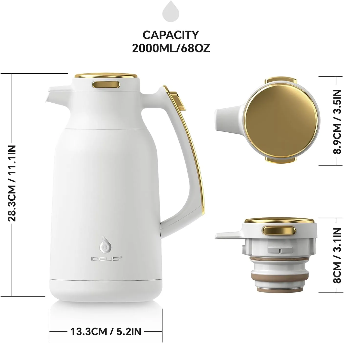 IDEUS 68 oz Stainless Steel Thermal Coffee Carafe, Double Wall Insulated Vacuum Flask, Water Coffee and Beverage Dispenser, 12 Hour Heat 24 Hour Cold Retention (White Gold)