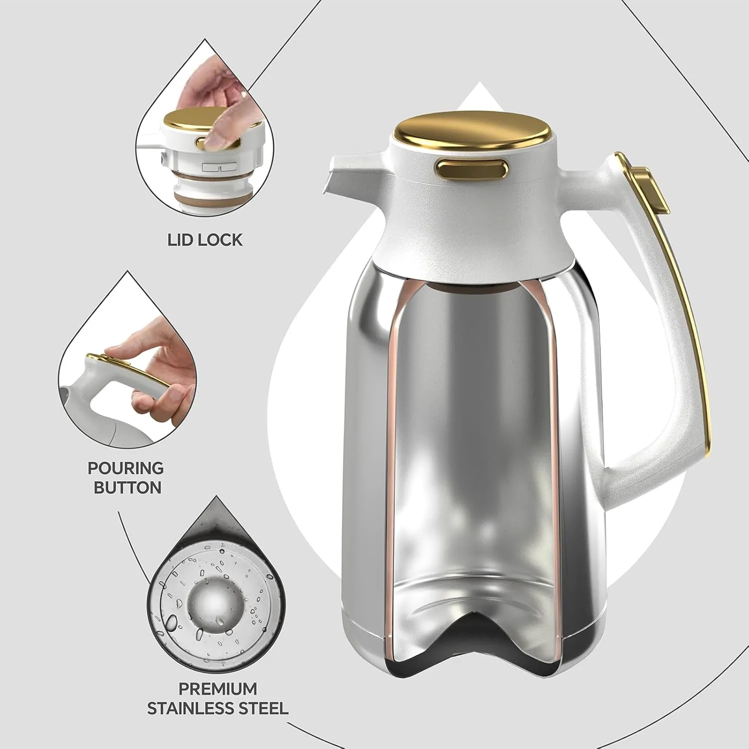 IDEUS 68 oz Stainless Steel Thermal Coffee Carafe, Double Wall Insulated Vacuum Flask, Water Coffee and Beverage Dispenser, 12 Hour Heat 24 Hour Cold Retention (White Gold)