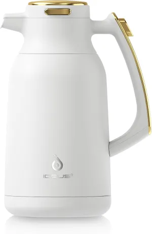 IDEUS 68 oz Stainless Steel Thermal Coffee Carafe, Double Wall Insulated Vacuum Flask, Water Coffee and Beverage Dispenser, 12 Hour Heat 24 Hour Cold Retention (White Gold)