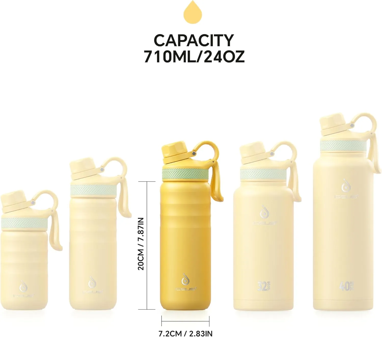 IDEUS Insulated Stainless Steel Water Bottle with 2 Leak-Proof Lids, Thermal Water Flask for Hiking Biking, 24oz, Bright Yellow