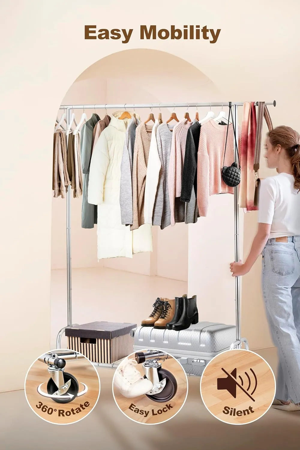 ikloo Heavy Duty Garment Rack, 450 LBS Load Capacity, Adjustable Metal Garment Rack with Wheels, Portable Clothing Rack with Shelves for Hanging Clothes, Commercial Rolling Wardrobe Organizer, Silver