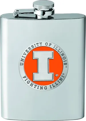 Illinois Flask | 8 Ounce Liquor Flask Container - Stainless Steel | Intricately Crafted Metal Pewter Alma Mater Inlay