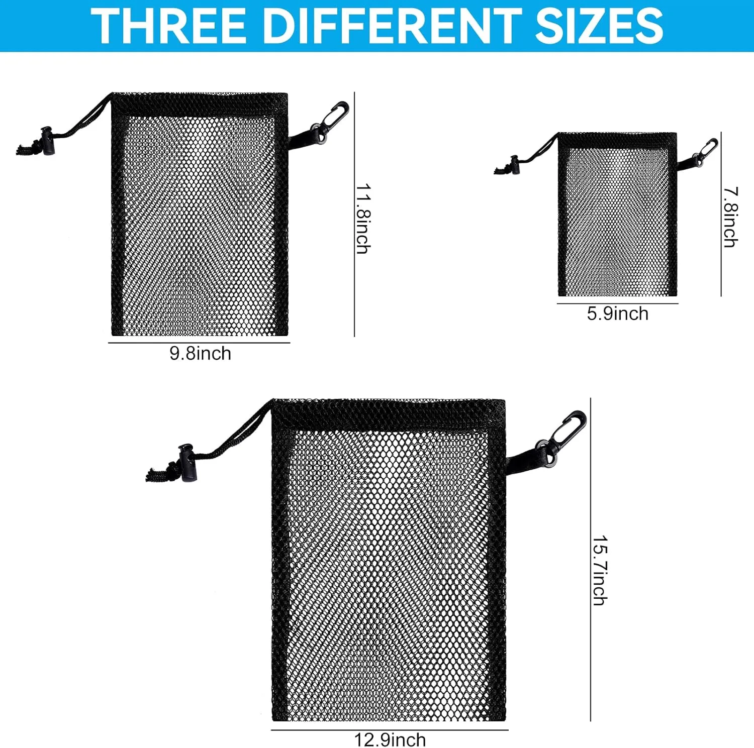 iMucci 12 Pieces Black Mesh Drawstring Bag with Clips, Nylon Drawstring Bags Pocket Foldable Beach Bag with Cord Lock for Swimming Collecting Toys Laundry Sports Gym Beach Travel