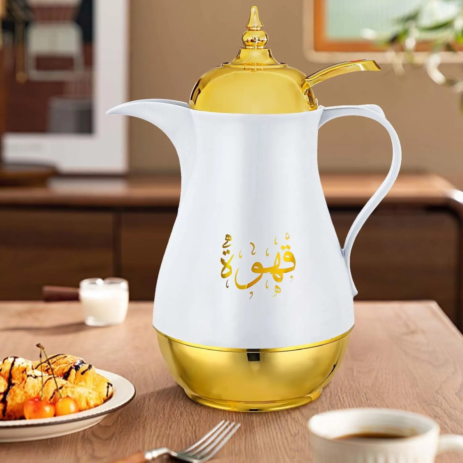 Insulated Thermal Coffee Carafe,33 oz,Luxury Arabic-Style Vacuum Insulated Thermos Flask with Spout,Glass Liner,for Tea,Coffee,Water,Moving and Housewarming Gift (White for Coffee)