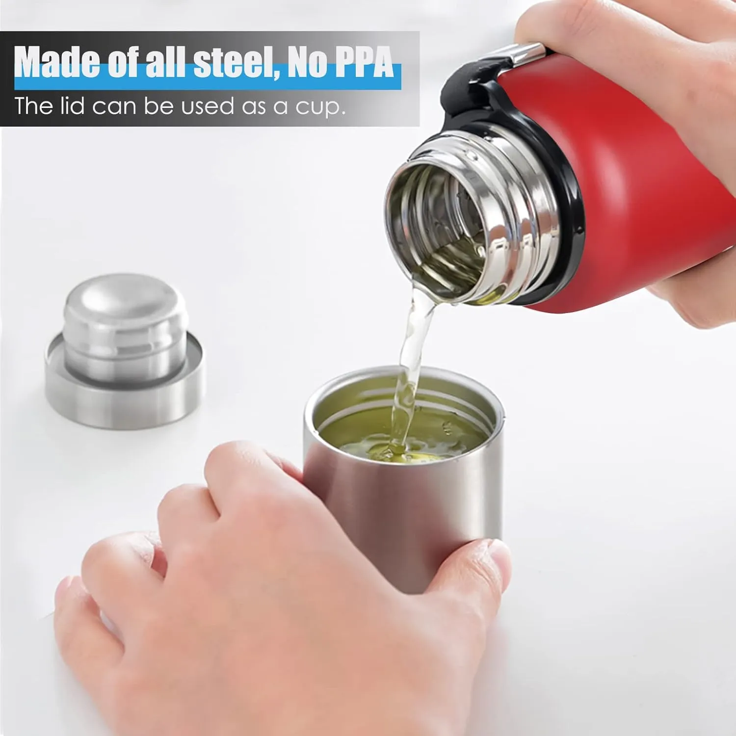 Insulated vacuum Thermo Bottle 1000ml/33.8oz with cup Stainless steel coffee bottles for hot and cold drink water flask.(Red,1000ml)