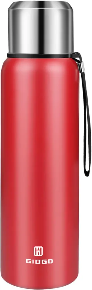 Insulated vacuum Thermo Bottle 1000ml/33.8oz with cup Stainless steel coffee bottles for hot and cold drink water flask.(Red,1000ml)