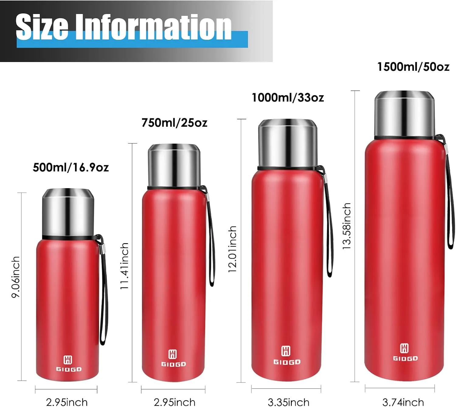 Insulated vacuum Thermo Bottle 1000ml/33.8oz with cup Stainless steel coffee bottles for hot and cold drink water flask.(Red,1000ml)