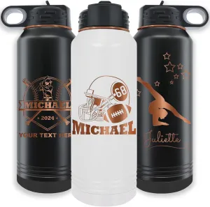 iProductsUS Personalized Water Bottle with Name for Sports, 32oz ION-Plated Stainless Steel Engrave Custom Water Flask with Flip-top Lid and Straw, Customized Double Wall Thermos