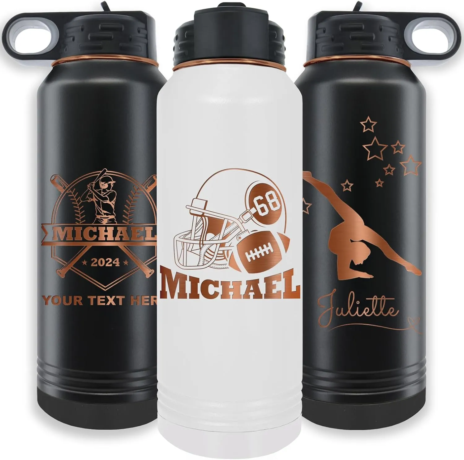 iProductsUS Personalized Water Bottle with Name for Sports, 32oz ION-Plated Stainless Steel Engrave Custom Water Flask with Flip-top Lid and Straw, Customized Double Wall Thermos
