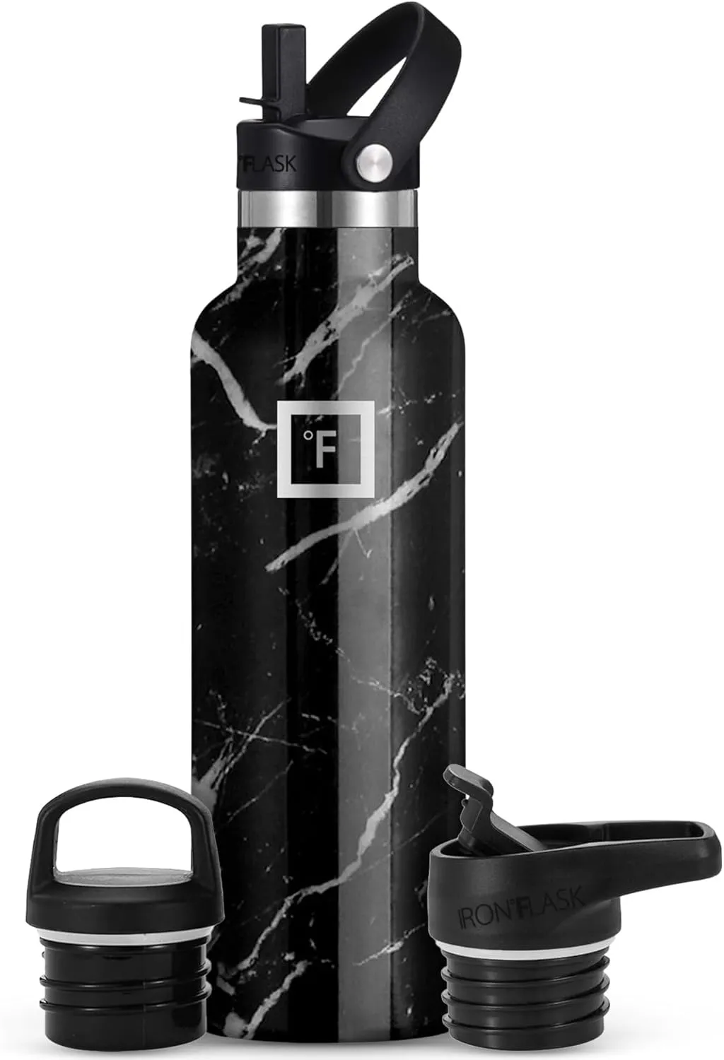 IRON °FLASK Camping & Hiking Hydration Canteens - 3 Lids (Narrow Straw Lid) Leak Proof Vacuum Insulated Stainless Steel - Hot & Cold Double Walled Sports Water Bottle - Black Marquina, 24 Oz