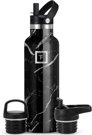 IRON °FLASK Camping & Hiking Hydration Canteens - 3 Lids (Narrow Straw Lid) Leak Proof Vacuum Insulated Stainless Steel - Hot & Cold Double Walled Sports Water Bottle - Black Marquina, 24 Oz
