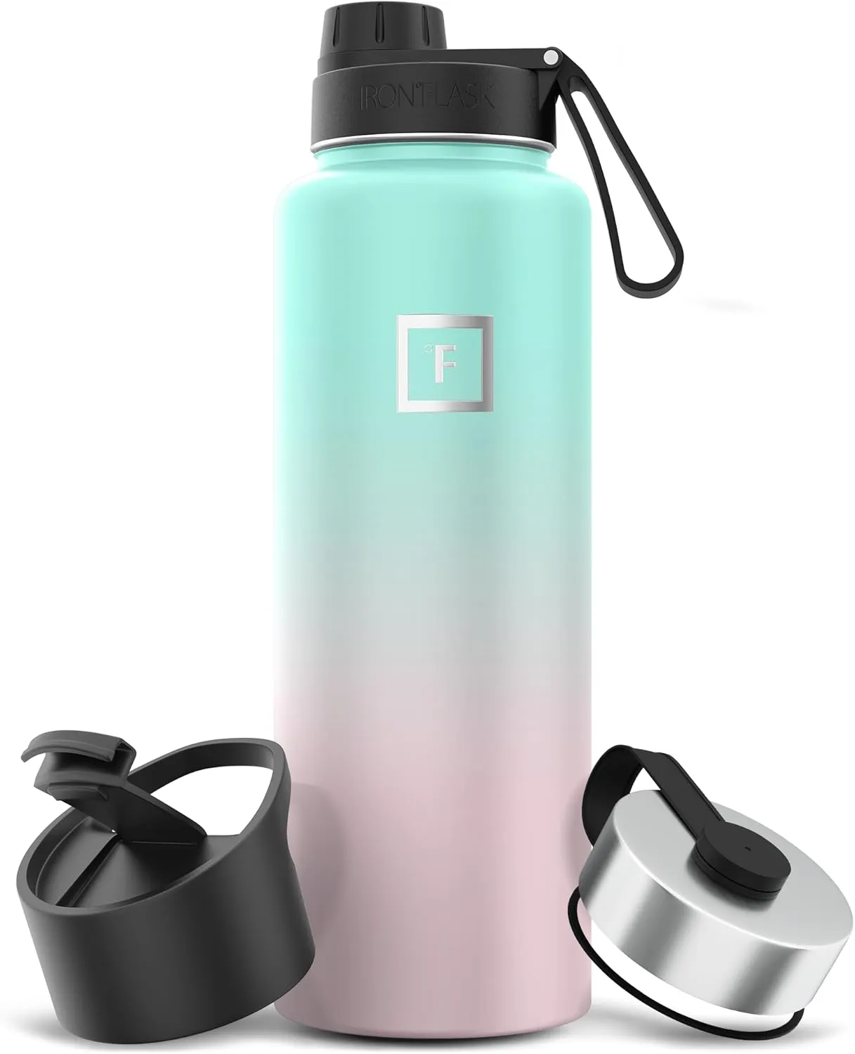 IRON °FLASK Camping & Hiking Hydration Flask with 3 Lids - Stainless Steel, Double Walled & Vacuum Insulated Water Bottle - Leak Proof & BPA Free (Bubble Gum, Spout - 40 oz)