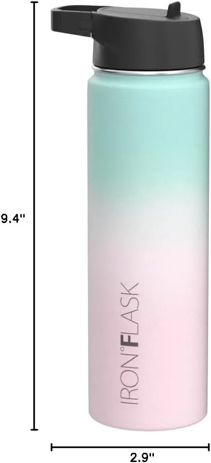 IRON °FLASK Camping & Hiking Hydration Flask with 3 Lids - Stainless Steel, Double Walled & Vacuum Insulated Water Bottle - Leak Proof & BPA Free (Bubble Gum, Straw - 22 oz)