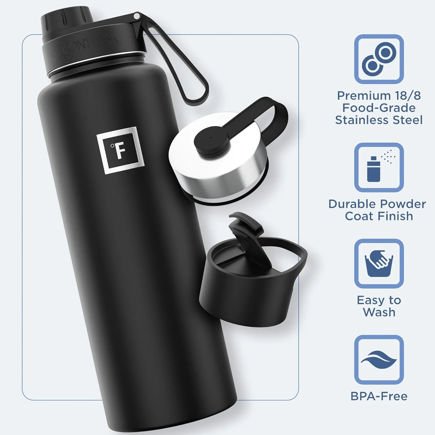 IRON °FLASK Camping & Hiking Hydration Flask with 3 Lids - Stainless Steel, Double Walled & Vacuum Insulated Water Bottle - Leak Proof & BPA Free (Cobalt, Spout - 40 oz)
