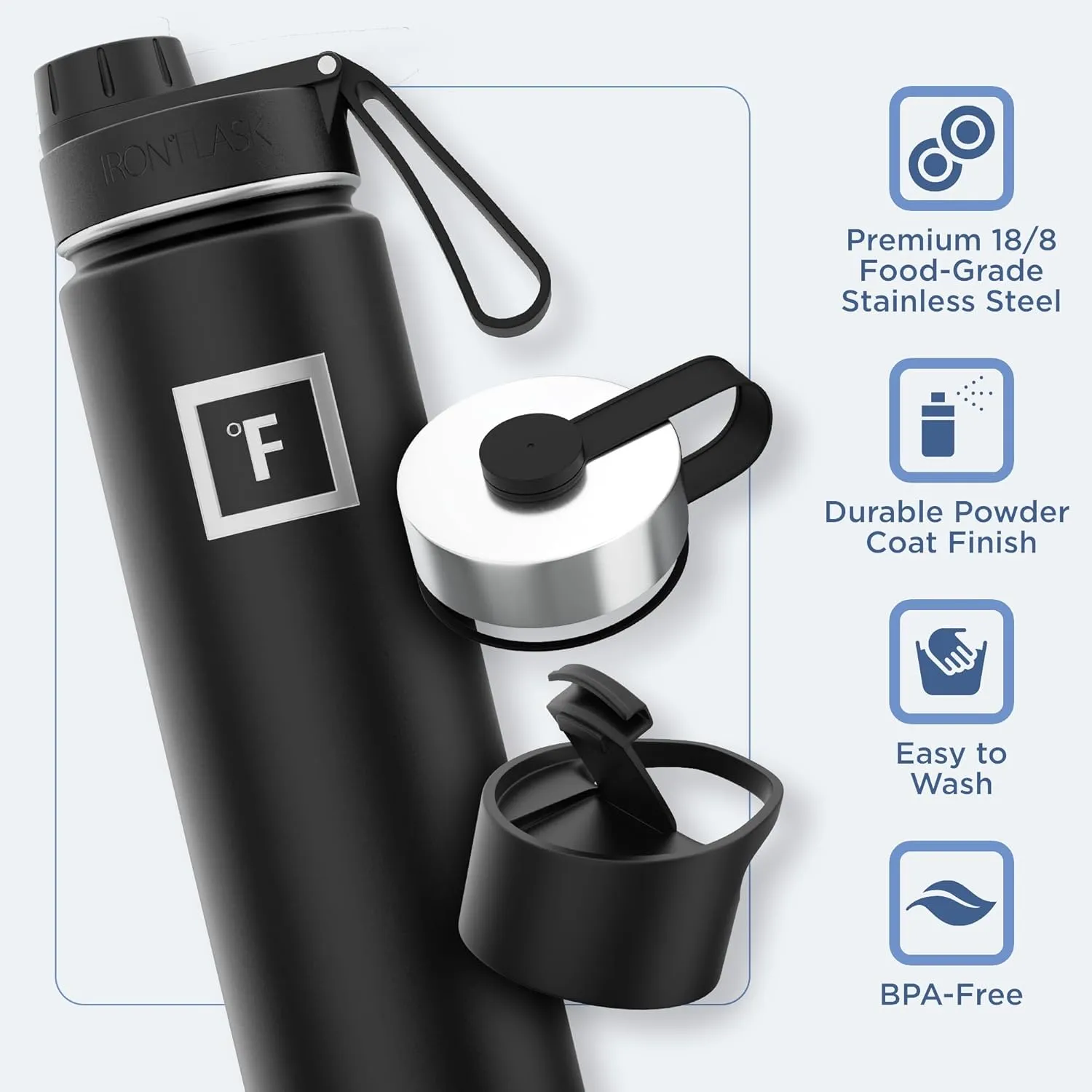 IRON °FLASK Camping & Hiking Hydration Flask with 3 Lids - Stainless Steel, Double Walled & Vacuum Insulated Water Bottle - Leak Proof & BPA Free (Fire, Spout - 22 oz)