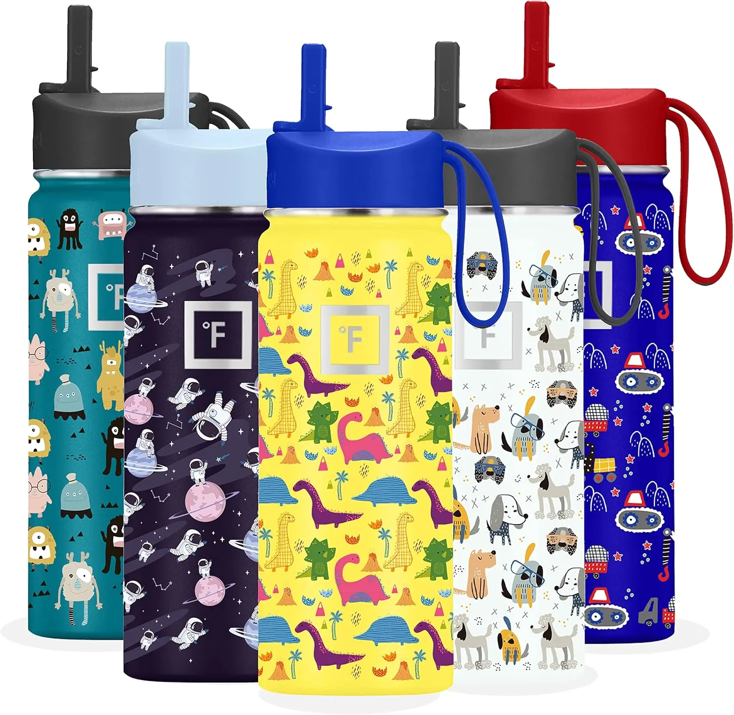 IRON °FLASK Kids Water Bottle - Straw Lid, 20 Name Stickers, Vacuum Insulated Stainless Steel, Double Walled Tumbler Travel Cup, Thermos Mug - Dino Mates, 18 Oz