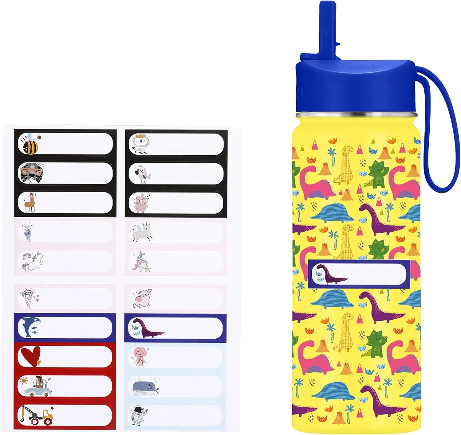 IRON °FLASK Kids Water Bottle - Straw Lid, 20 Name Stickers, Vacuum Insulated Stainless Steel, Double Walled Tumbler Travel Cup, Thermos Mug - Dino Mates, 18 Oz