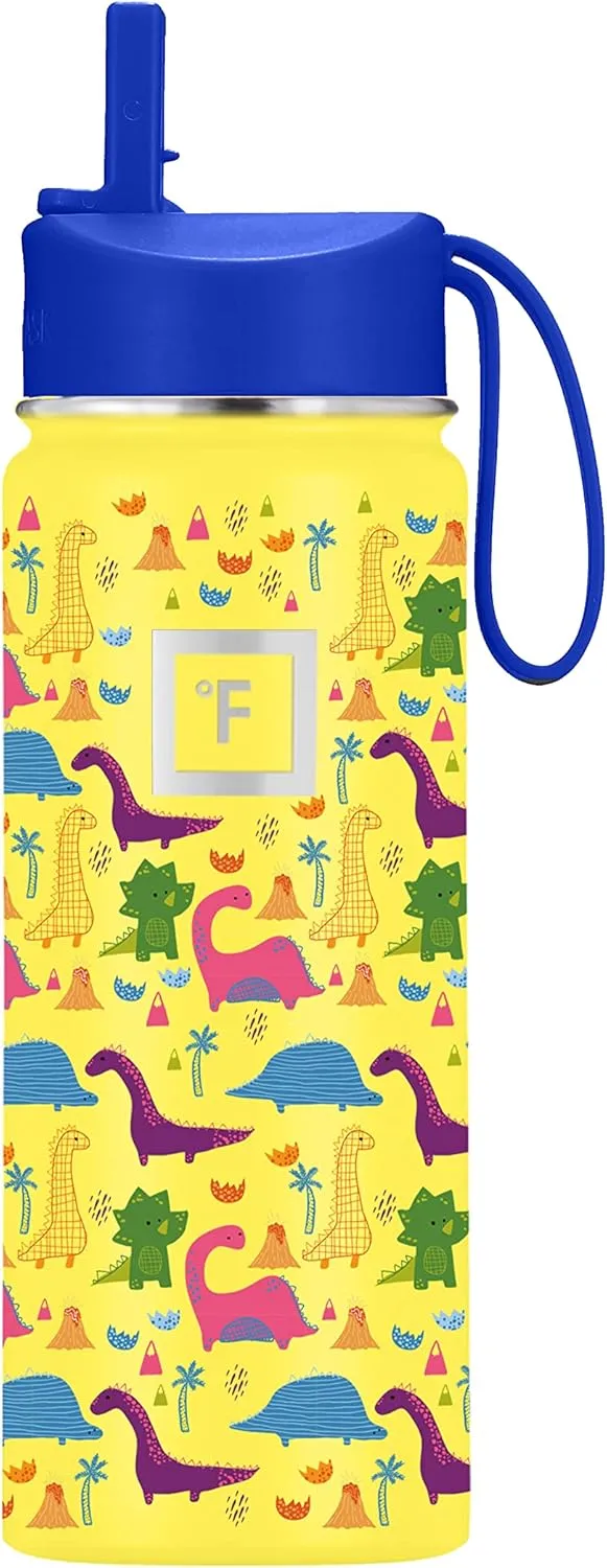 IRON °FLASK Kids Water Bottle - Straw Lid, 20 Name Stickers, Vacuum Insulated Stainless Steel, Double Walled Tumbler Travel Cup, Thermos Mug - Dino Mates, 18 Oz