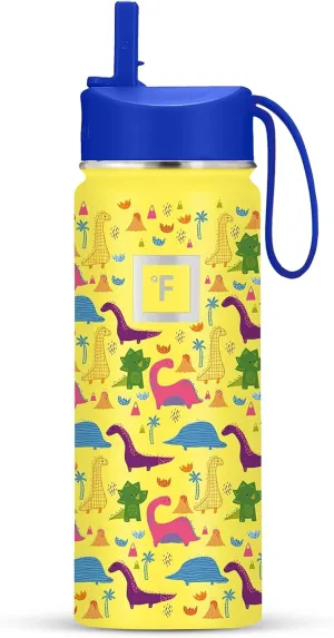 IRON °FLASK Kids Water Bottle - Straw Lid, 20 Name Stickers, Vacuum Insulated Stainless Steel, Double Walled Tumbler Travel Cup, Thermos Mug - Dino Mates, 18 Oz