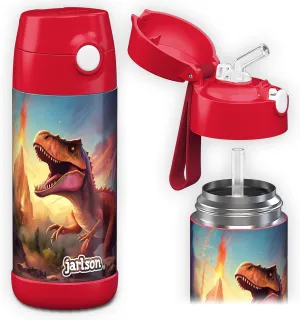 Jarlson® Charli Children's Stainless Steel Drinking Bottle with Straw - Thermos Flask 350 ml - TÜV Tested - BPA Free - Leak-Proof - Thermal Water Bottle for School, Nursery (Dinosaur 'Neo')