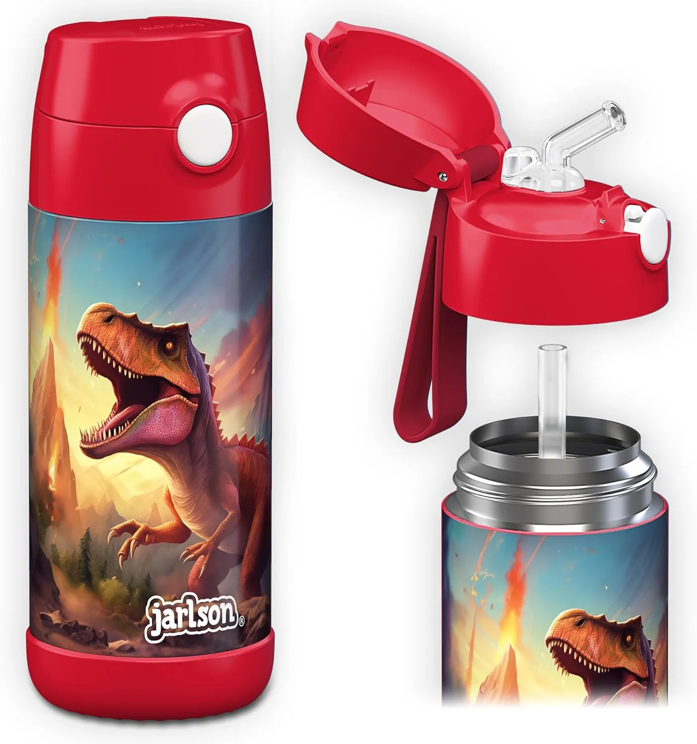 Jarlson® Charli Children's Stainless Steel Drinking Bottle with Straw - Thermos Flask 350 ml - TÜV Tested - BPA Free - Leak-Proof - Thermal Water Bottle for School, Nursery (Dinosaur 'Neo')