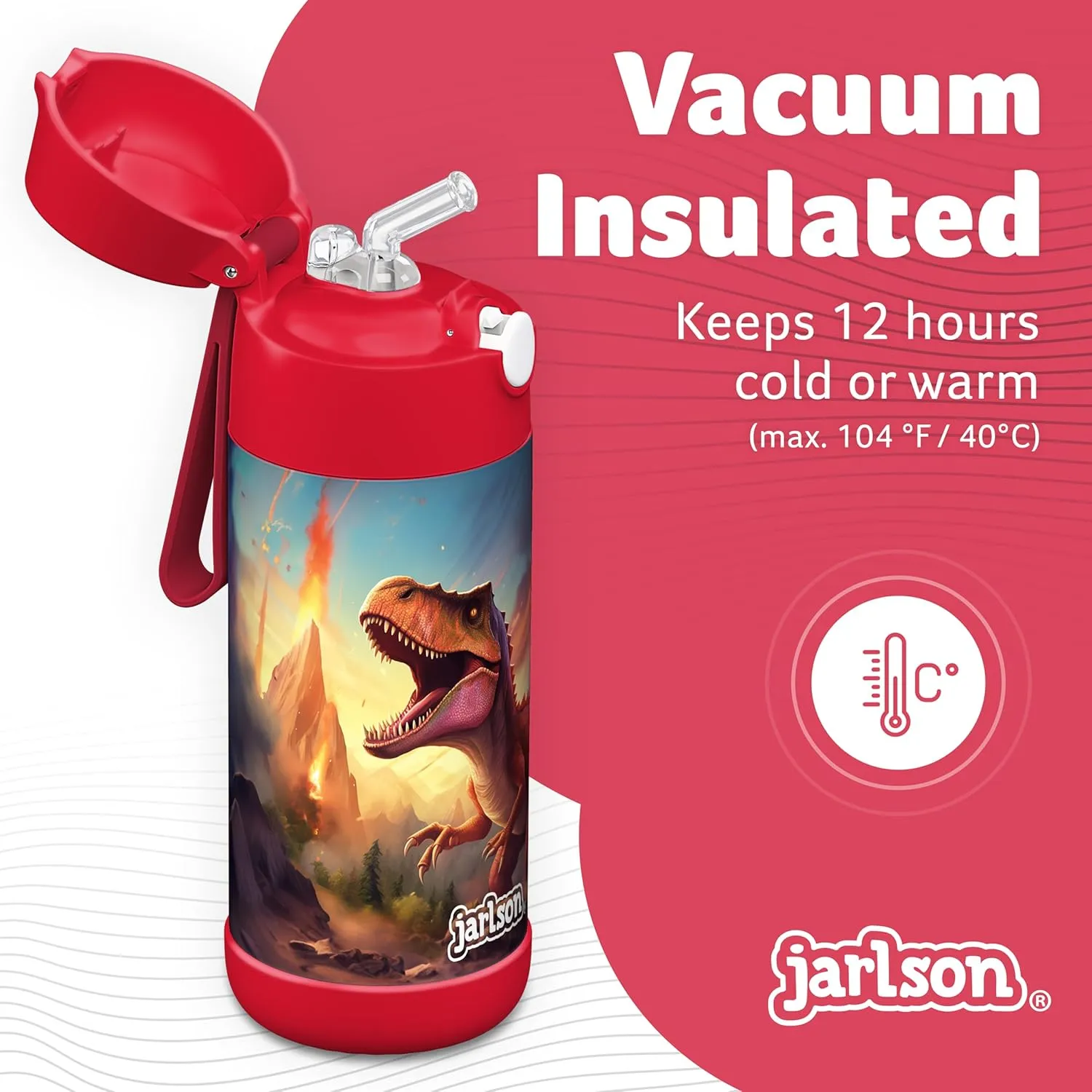 Jarlson® Charli Children's Stainless Steel Drinking Bottle with Straw - Thermos Flask 350 ml - TÜV Tested - BPA Free - Leak-Proof - Thermal Water Bottle for School, Nursery (Dinosaur 'Neo')
