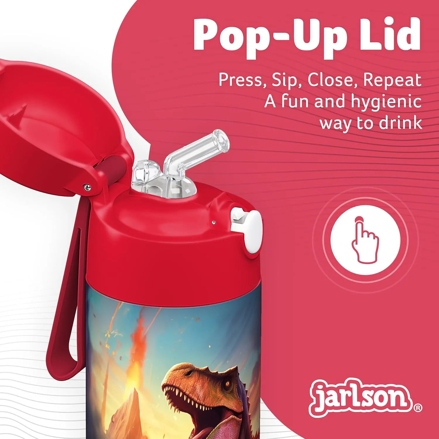 Jarlson® Charli Children's Stainless Steel Drinking Bottle with Straw - Thermos Flask 350 ml - TÜV Tested - BPA Free - Leak-Proof - Thermal Water Bottle for School, Nursery (Dinosaur 'Neo')