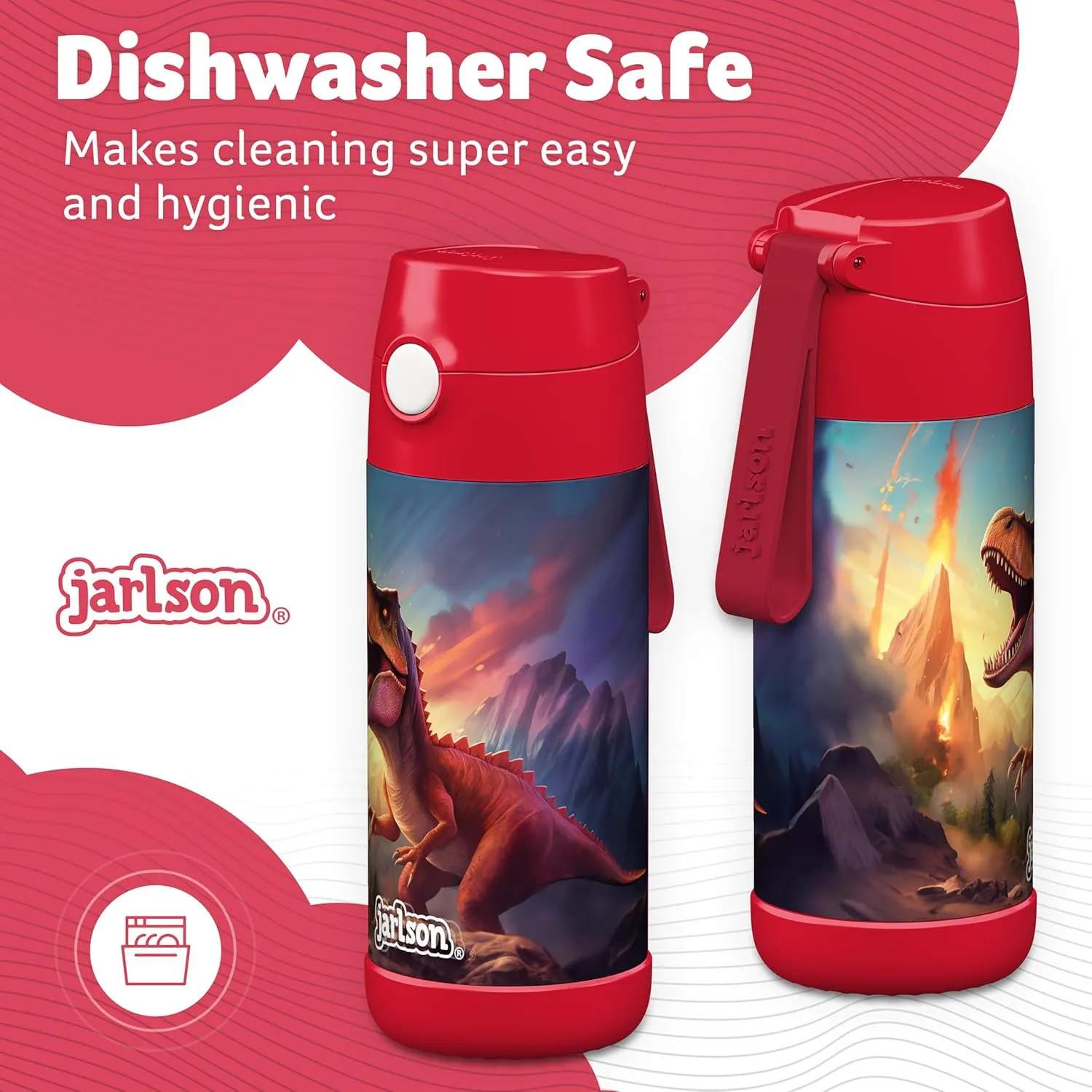 Jarlson® Charli Children's Stainless Steel Drinking Bottle with Straw - Thermos Flask 350 ml - TÜV Tested - BPA Free - Leak-Proof - Thermal Water Bottle for School, Nursery (Dinosaur 'Neo')