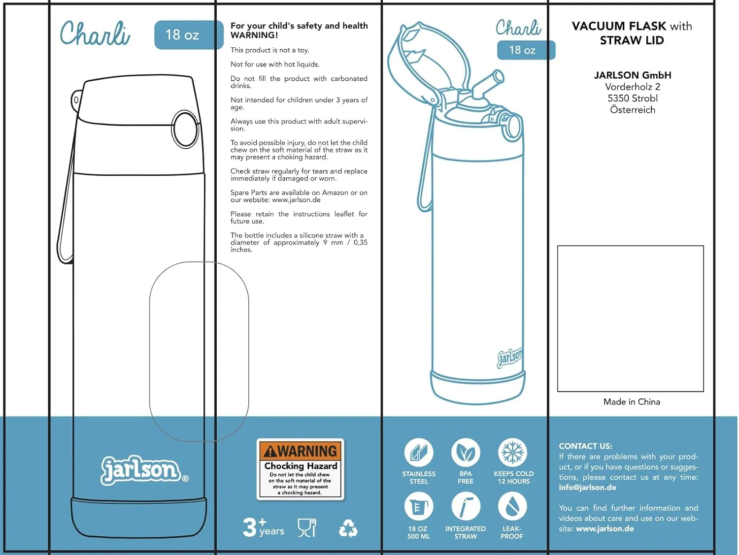 Jarlson® Charli Children's Stainless Steel Drinking Bottle with Straw - Thermos Flask 350 ml - TÜV Tested - BPA Free - Leak-Proof - Thermal Water Bottle for School, Nursery (Dinosaur 'Neo')