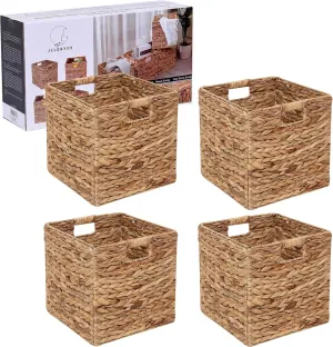 JCLD&YO9 Foldable Handwoven Water Hyacinth Storage Baskets Wicker Cube Baskets Rectangular Laundry Organizer Totes,Set of 4 Pcs,12x12x12inch