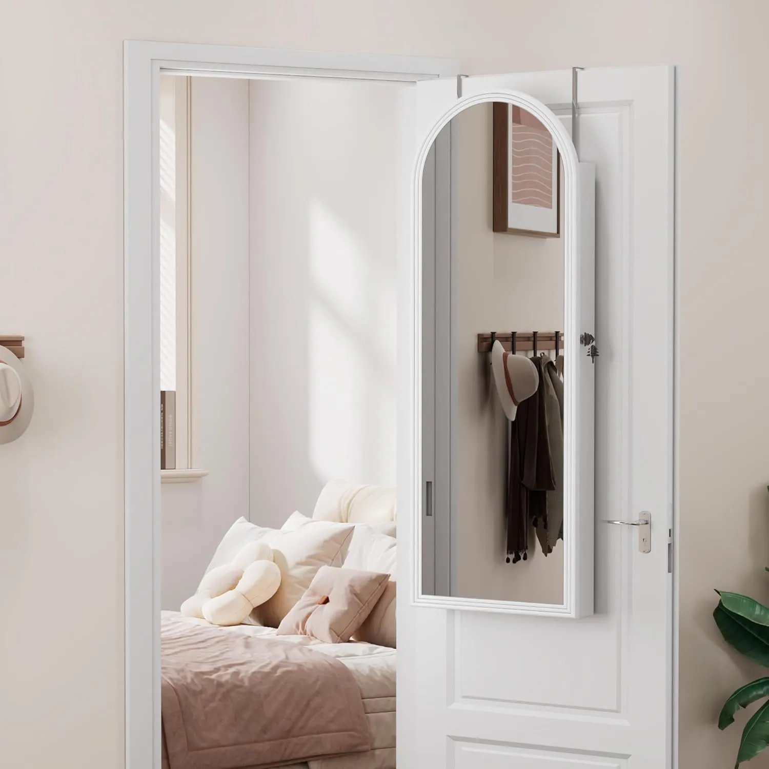 Jewelry Cabinet Organizer with Lockable Full-Length Mirror, 6 LEDS Wall/Door Mounted Jewelry Armoire with Storage, Arched Hanging Framed Mirror Cabinet with 2 Drawers,Gift for Women Girls,White