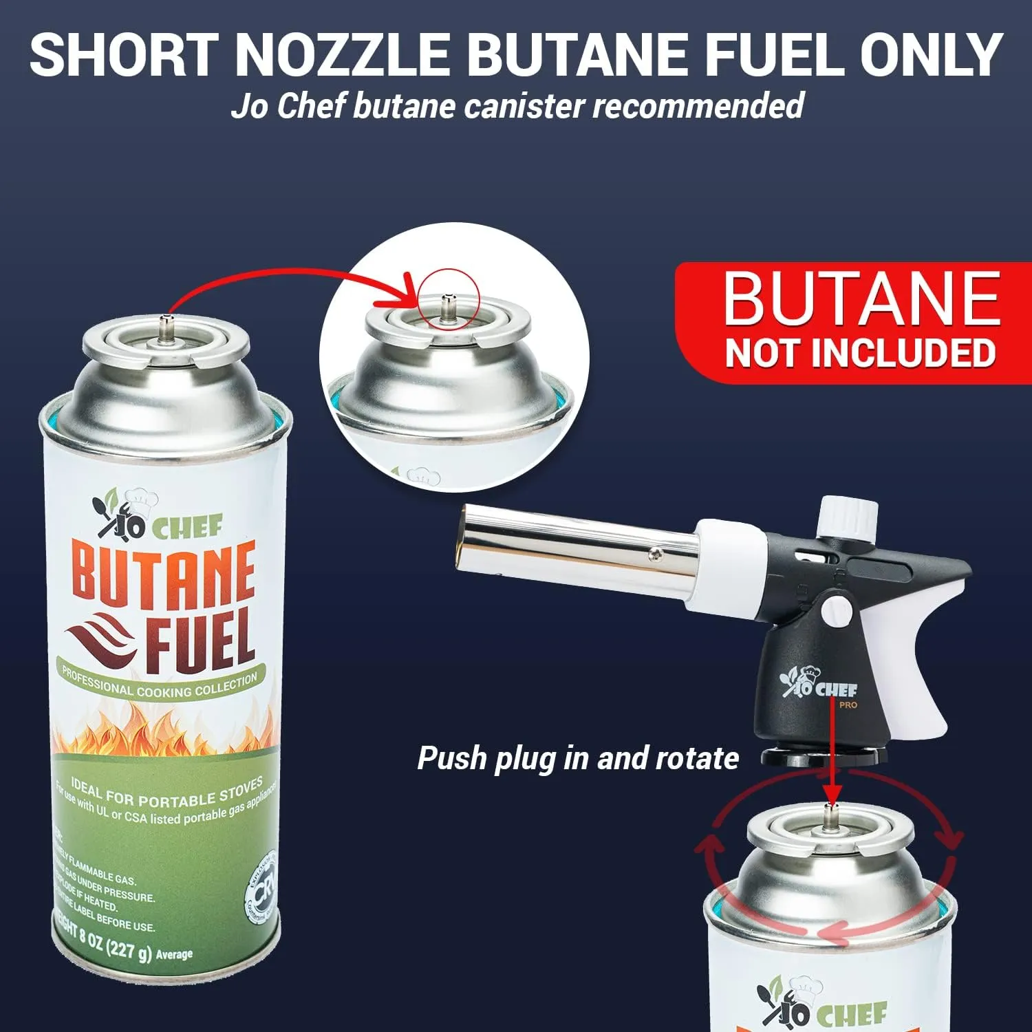 Jo Chef Pro Butane Torch Lighter, Cooking Torch - Refillable Adjustable Flame Lighter with Safety Lock for BBQ, Baking, Brulee Creme, DIY, Crafts and Soldering, 3 Butane Canister Included