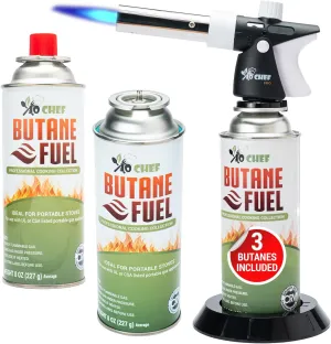 Jo Chef Pro Butane Torch Lighter, Cooking Torch - Refillable Adjustable Flame Lighter with Safety Lock for BBQ, Baking, Brulee Creme, DIY, Crafts and Soldering, 3 Butane Canister Included