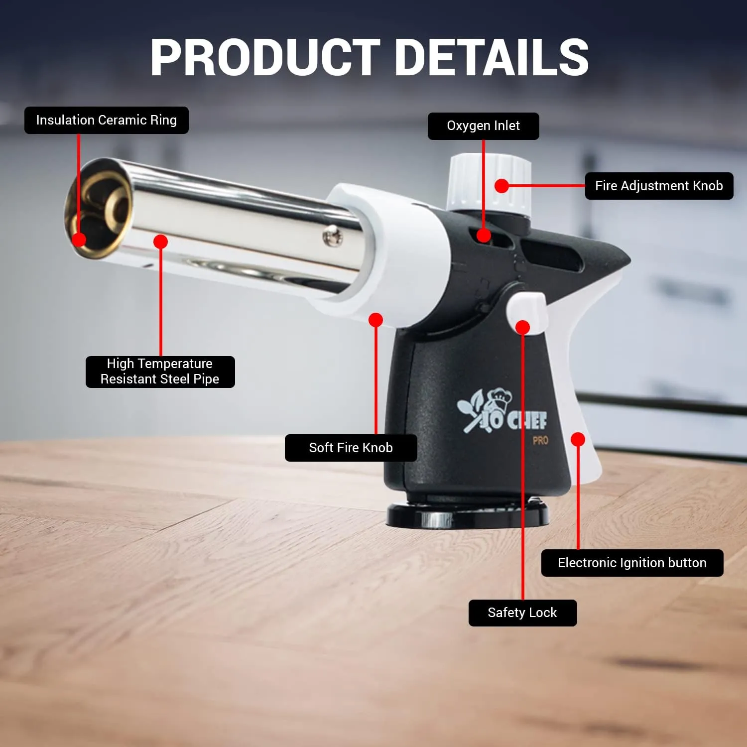 Jo Chef Pro Butane Torch Lighter, Cooking Torch - Refillable Adjustable Flame Lighter with Safety Lock for BBQ, Baking, Brulee Creme, DIY, Crafts and Soldering, 3 Butane Canister Included