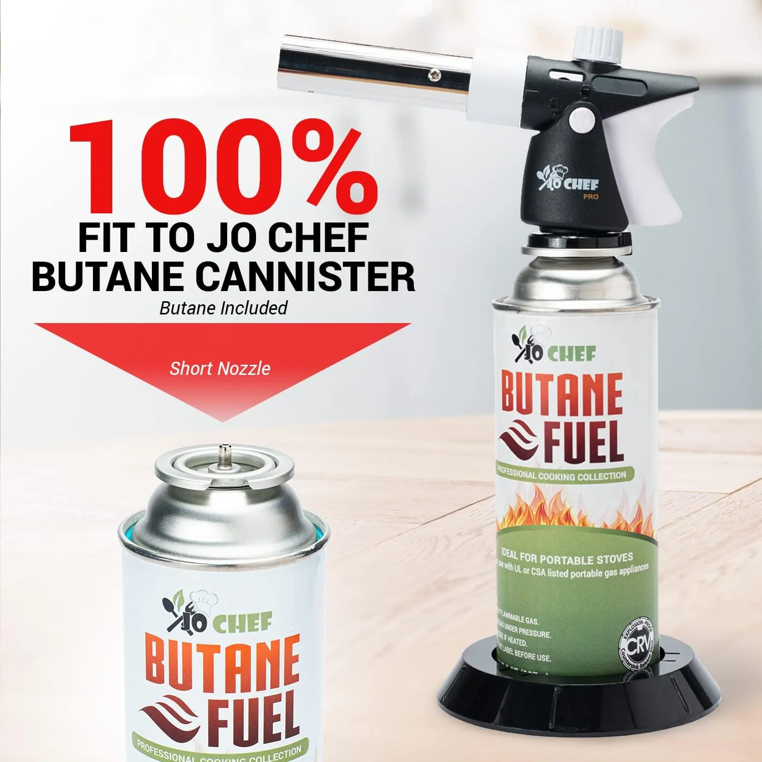 Jo Chef Pro Butane Torch Lighter, Cooking Torch - Refillable Adjustable Flame Lighter with Safety Lock for BBQ, Baking, Brulee Creme, DIY, Crafts and Soldering, 4 Butane Canister Included
