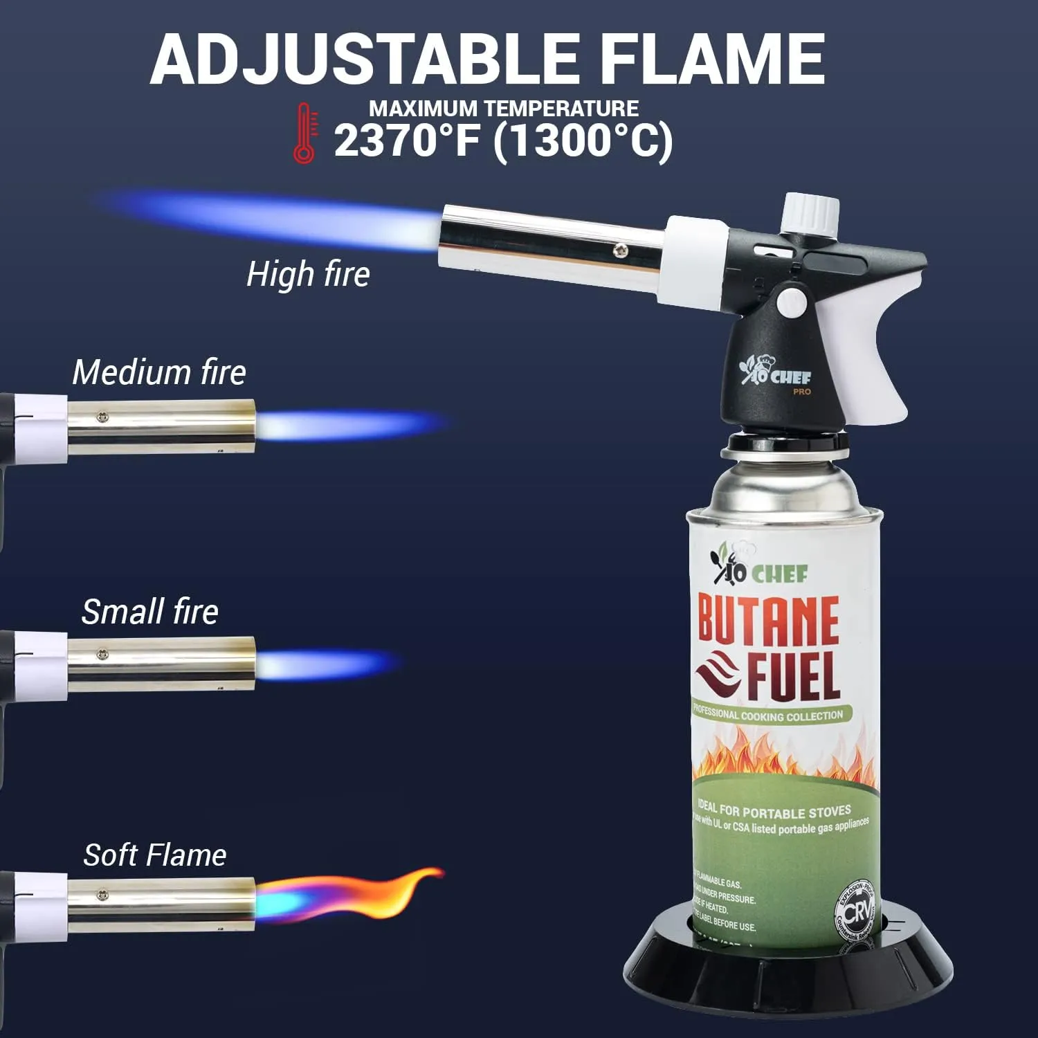 Jo Chef Pro Butane Torch Lighter, Cooking Torch - Refillable Adjustable Flame Lighter with Safety Lock for BBQ, Baking, Brulee Creme, DIY, Crafts and Soldering, 4 Butane Canister Included