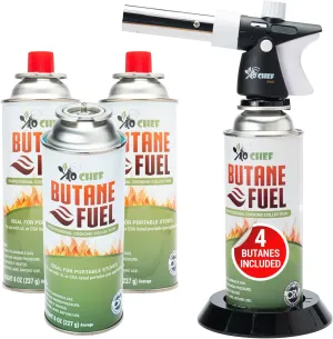 Jo Chef Pro Butane Torch Lighter, Cooking Torch - Refillable Adjustable Flame Lighter with Safety Lock for BBQ, Baking, Brulee Creme, DIY, Crafts and Soldering, 4 Butane Canister Included