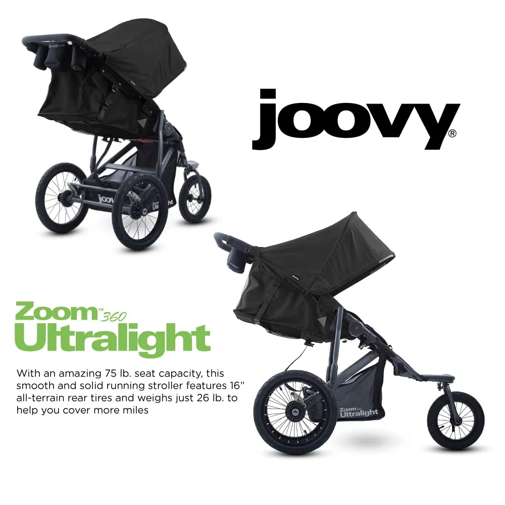 Joovy Zoom360 Ultralight Jogging Stroller Featuring High Child Seat, Shock-Absorbing Suspension, Extra-Large Air-Filled Tires, Parent Organizer, Air Pump, and Easy One-Hand Fold (Black)