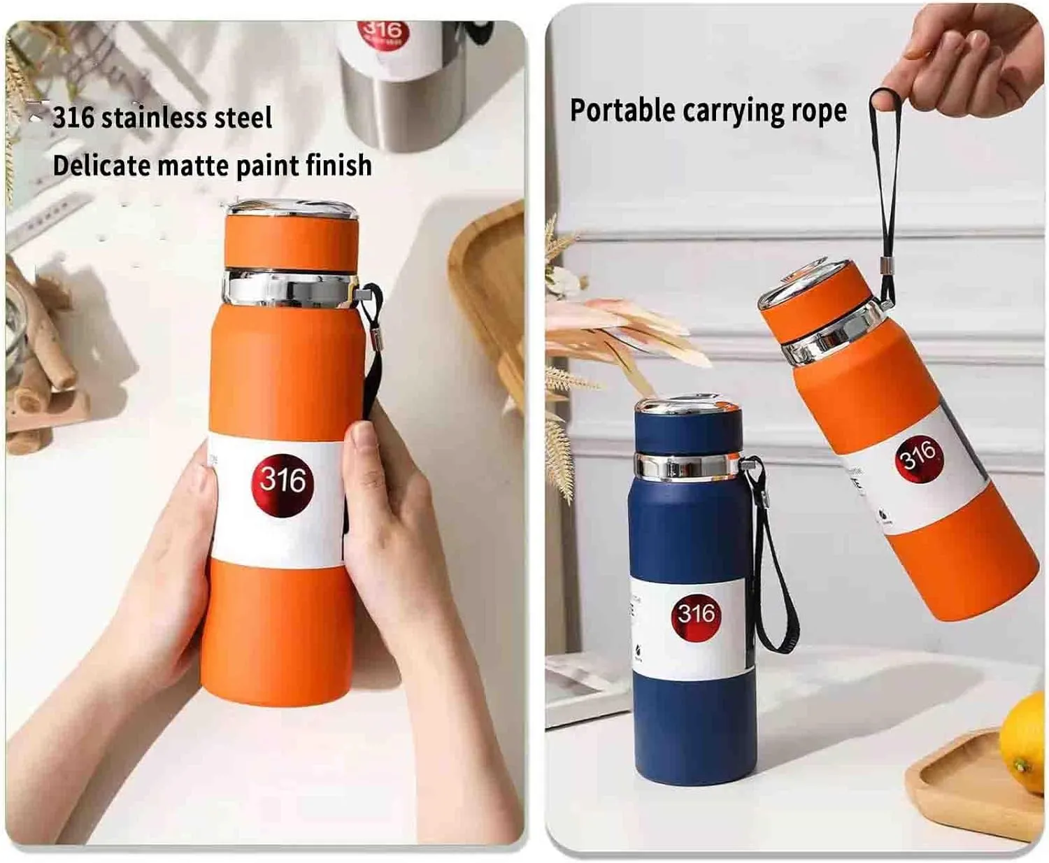 JUSHZ Sports Mens Water Bottle Water Bottles Leakproof Stainless Steel Adult for Women Girls Keep Water Cold with Filter Thermos Flask Insulated Vacuum Stainless Steel High Capacity (800ML,Blue)