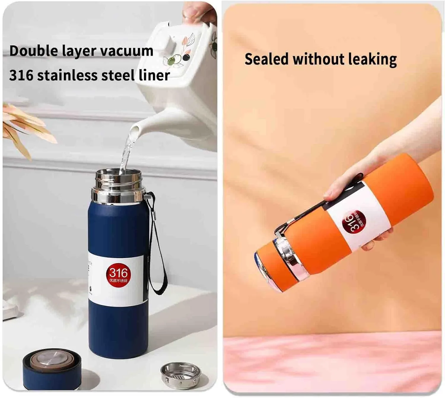 JUSHZ Sports Mens Water Bottle Water Bottles Leakproof Stainless Steel Adult for Women Girls Keep Water Cold with Filter Thermos Flask Insulated Vacuum Stainless Steel High Capacity (800ML,Blue)