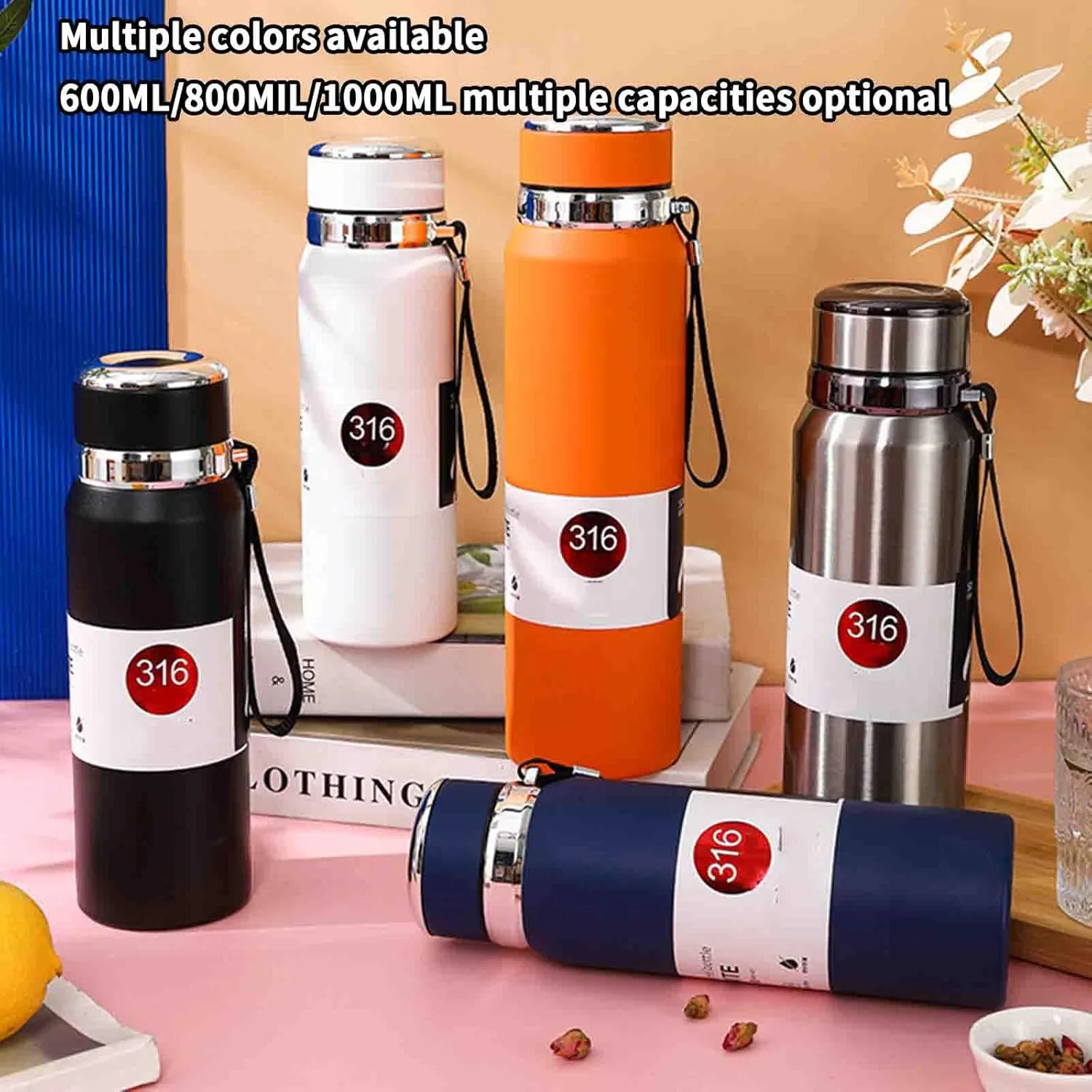 JUSHZ Sports Mens Water Bottle Water Bottles Leakproof Stainless Steel Adult for Women Girls Keep Water Cold with Filter Thermos Flask Insulated Vacuum Stainless Steel High Capacity (800ML,Blue)
