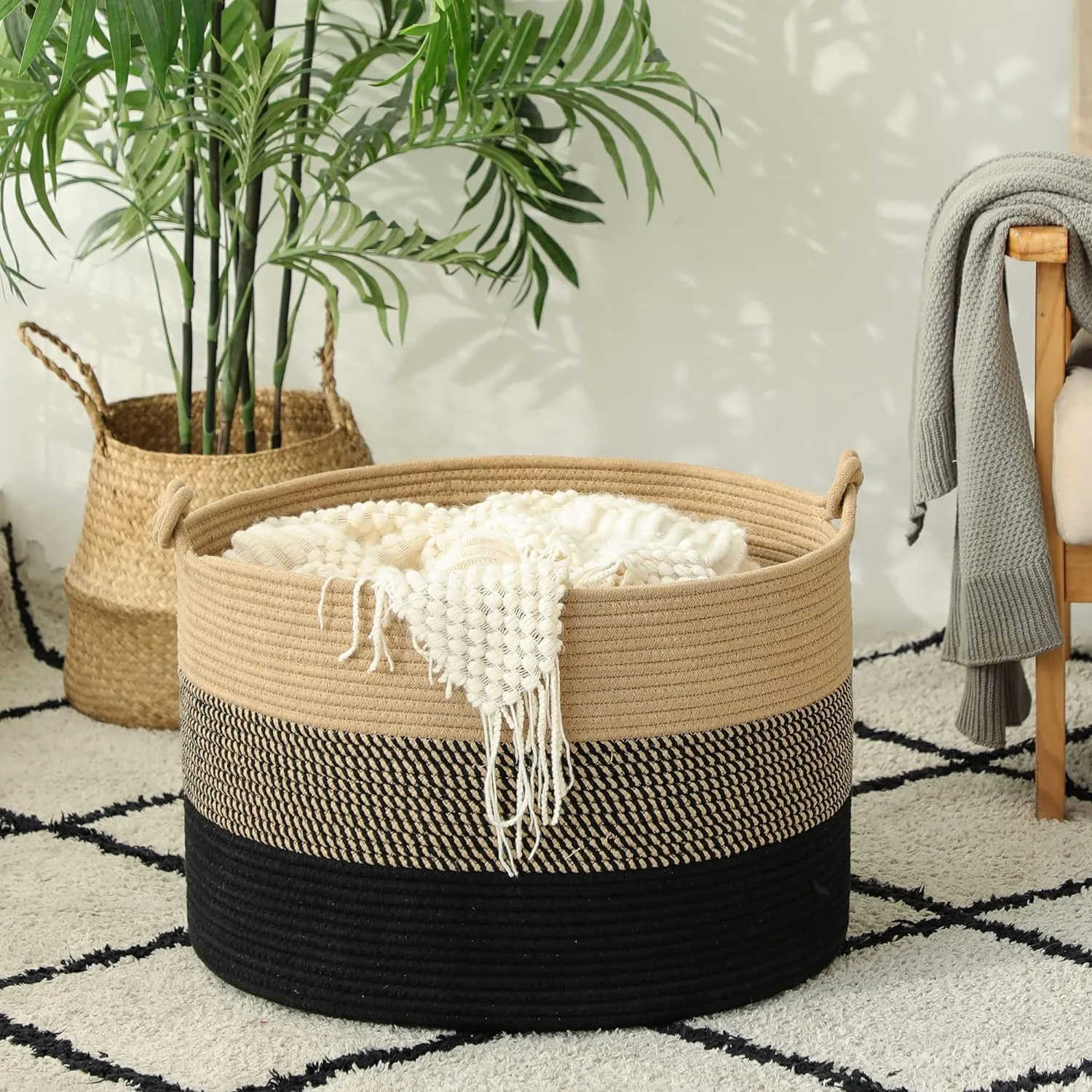 KAKAMAY Large Blanket Basket (20"x13"),Woven Rope Baskets for storage Baby Laundry Hamper, Cotton Rope Blanket Basket for Living Room, Laundry, Nursery, Pillows,Baby Toy chest (Jute/Black)
