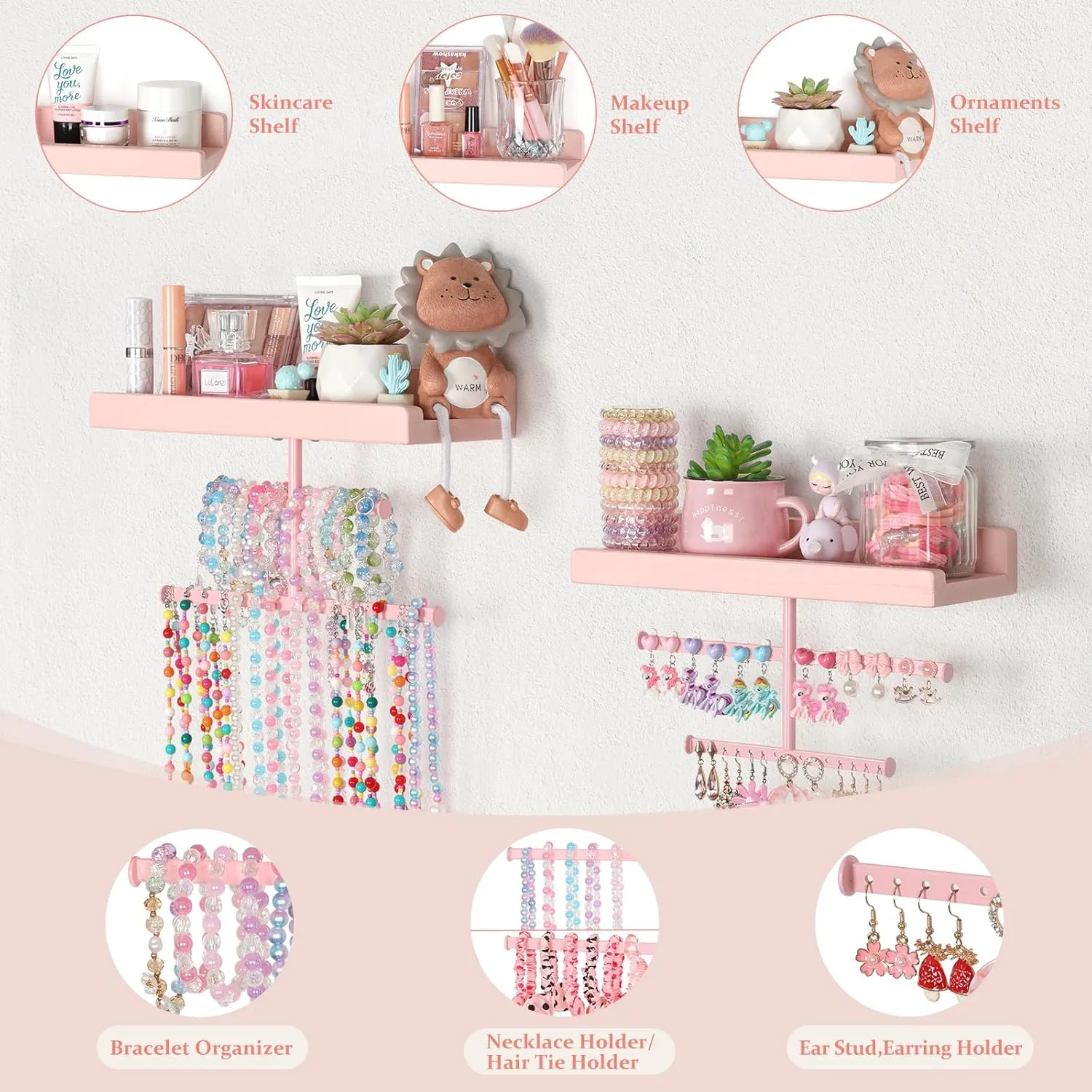 Keebofly Jewelry Organizer Wall Mounted Hanging with Wooden Shelf for Kids, Girls, Teens, Jewelry Holder Storage Display for Earring, Necklace, Bracelet, Bow, Pink, (Patented)