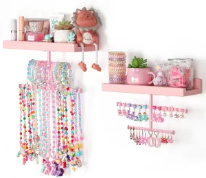 Keebofly Jewelry Organizer Wall Mounted Hanging with Wooden Shelf for Kids, Girls, Teens, Jewelry Holder Storage Display for Earring, Necklace, Bracelet, Bow, Pink, (Patented)